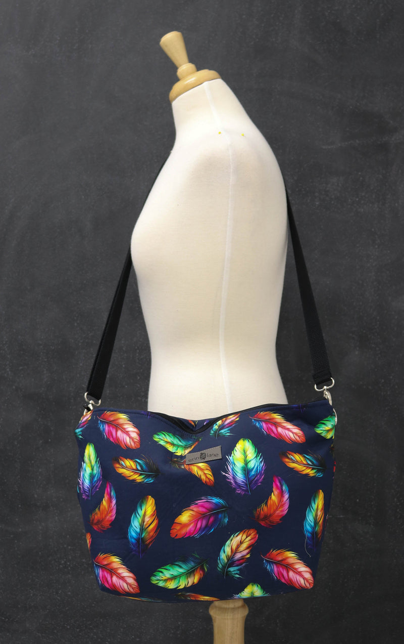 Large Zip Top Project Bag with Crossbody Strap in Fiberly Feline