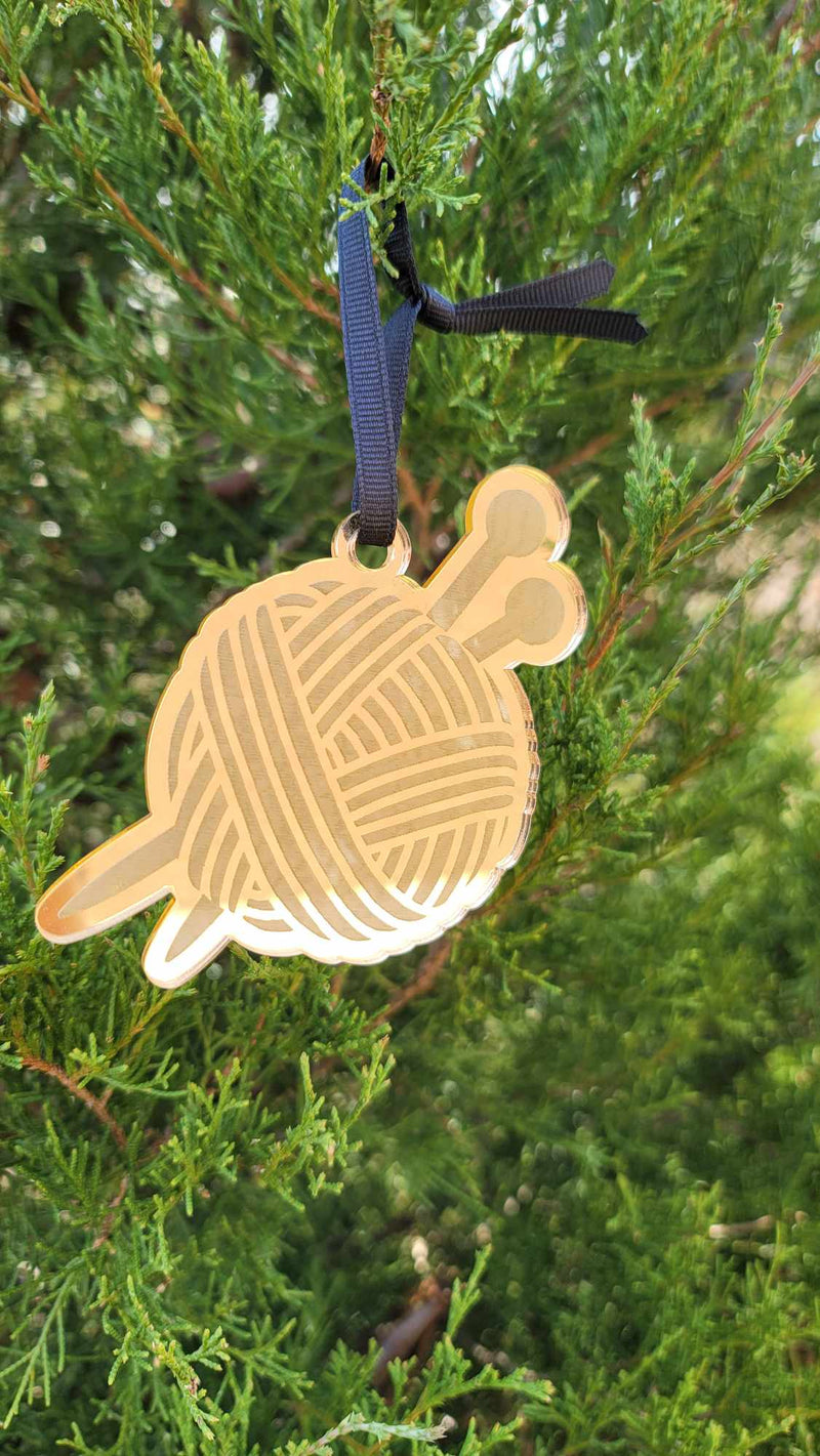 Laser Cut Acrylic Holiday Ornament in Gold Metallic Knitting Yarn