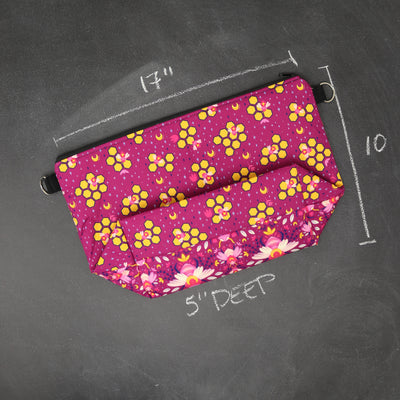 Large Zip Top Project Bag with Crossbody Strap in Fuchsia Bees