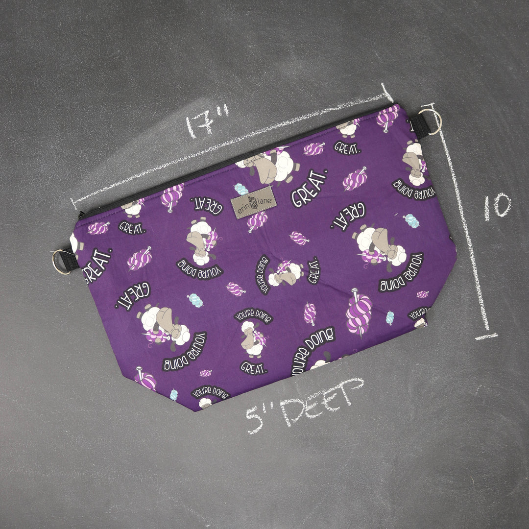 Large Zip Top Project Bag with Crossbody Strap in "You're Doing Great" Sheeple