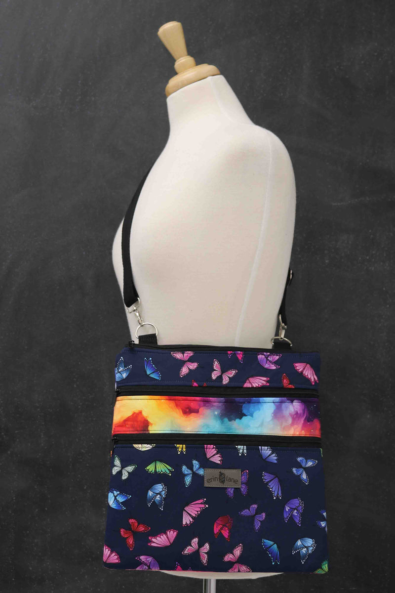 Triple Zipper Crossbody Bag in Butterfly in the Sky