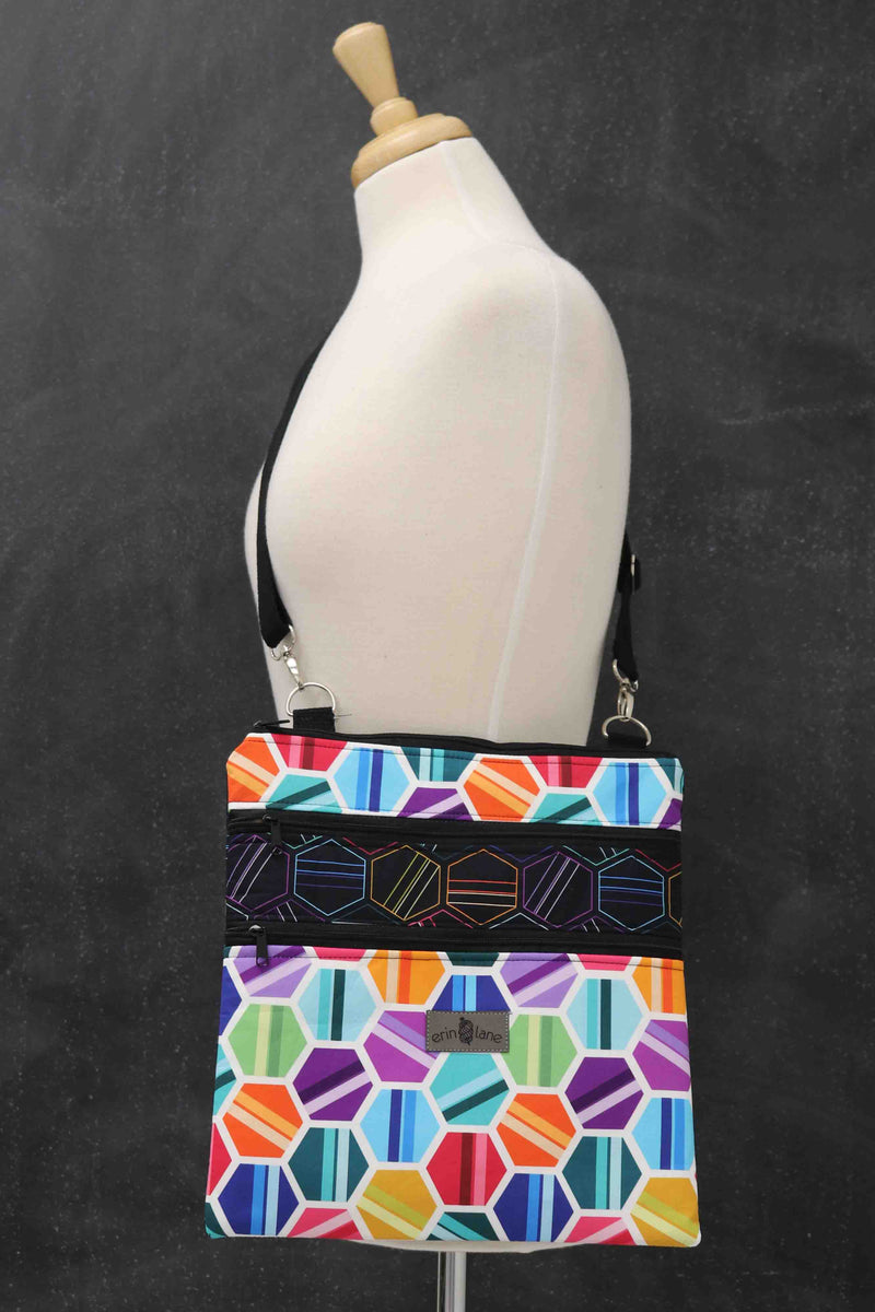 Triple Zipper Crossbody Bag in Hexagonal Hues