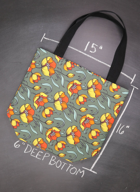 Worth Doing Library Style Tote Bag in Fire Flowers