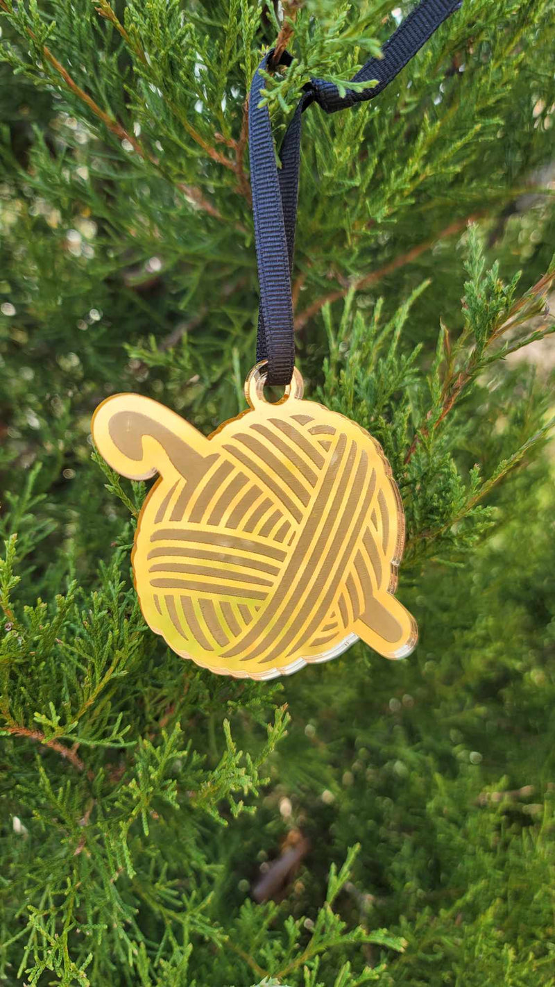 Laser Cut Acrylic Holiday Ornament in Gold Metallic Crochet Yarn