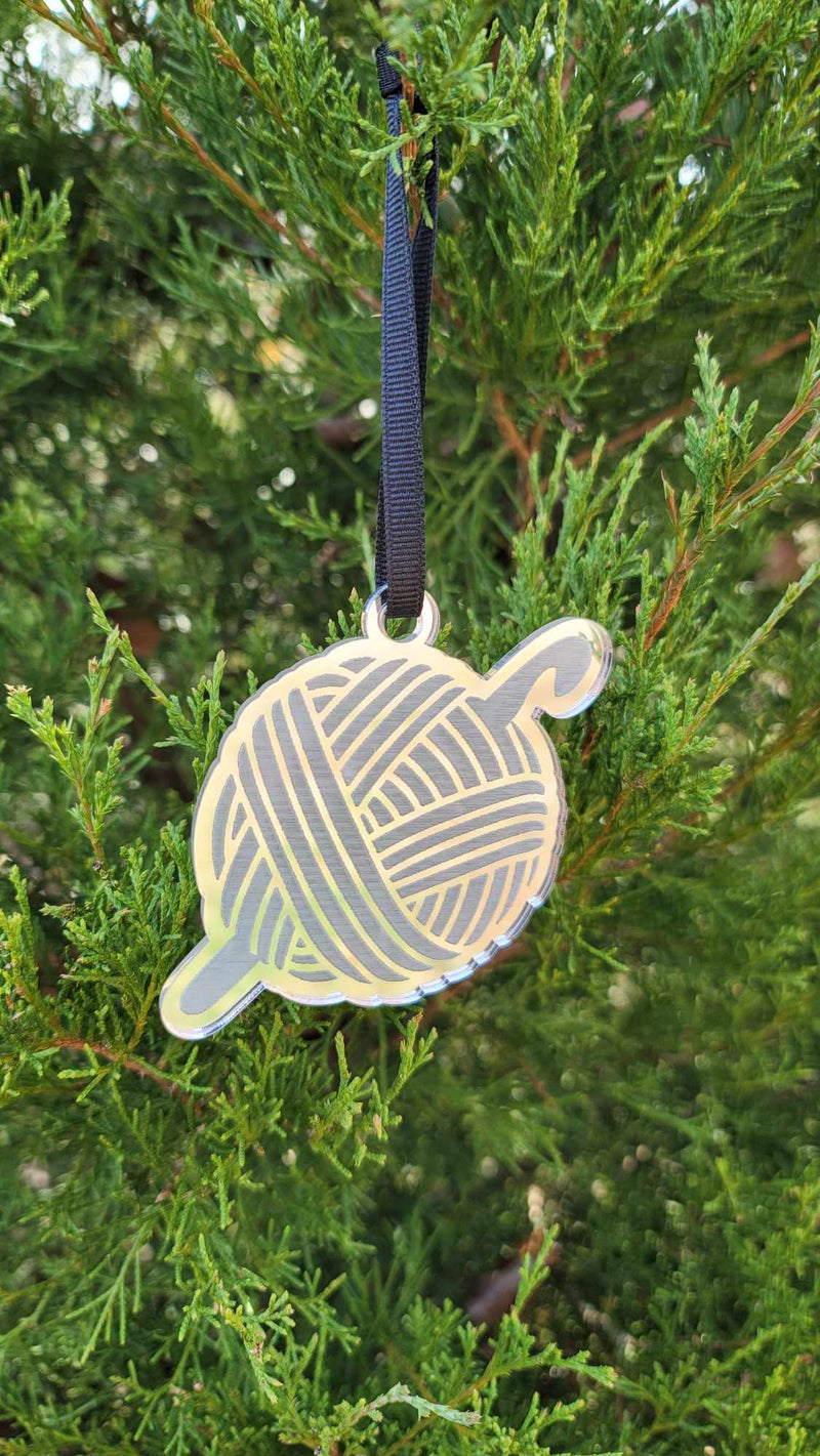 Laser Cut Acrylic Holiday Ornament in Clear Crochet Yarn