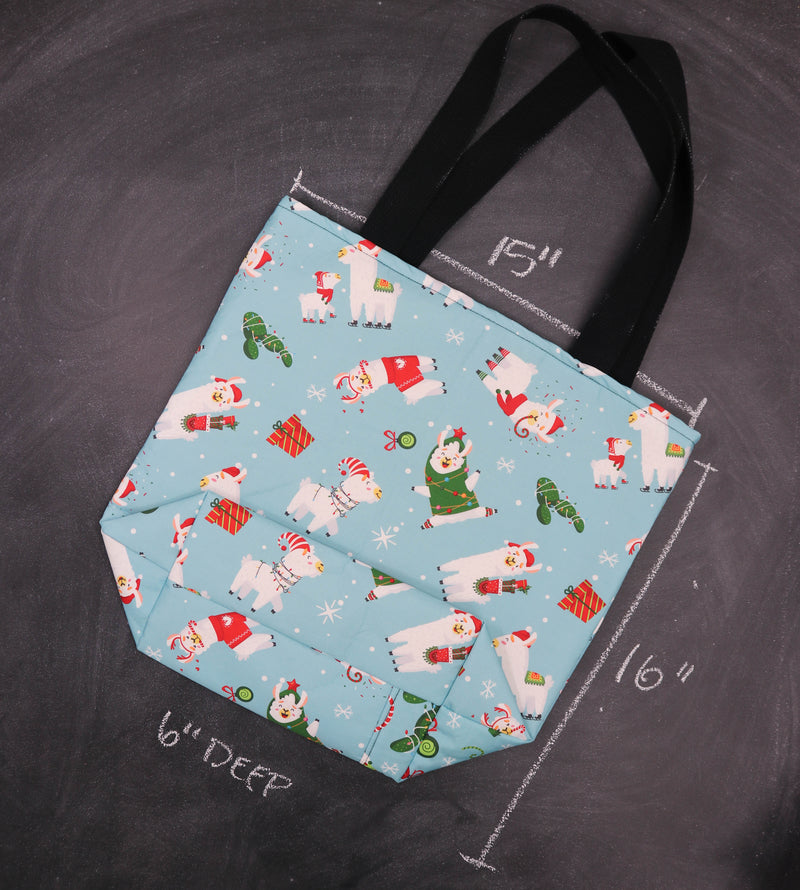Worth Doing Library Style Tote Bag in Holiday Llamas