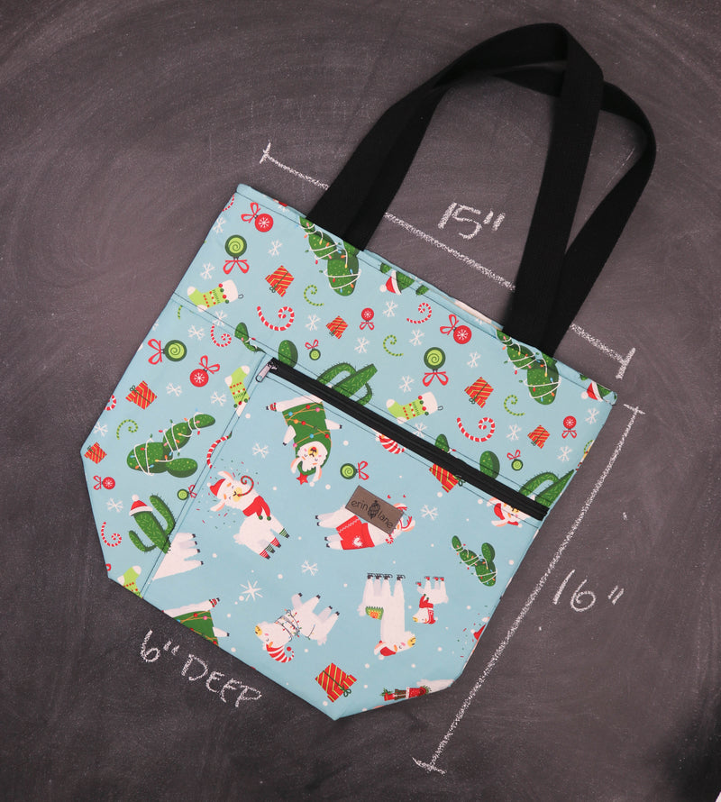 Worth Doing Library Style Tote Bag in Holiday Llamas